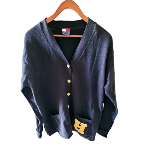 Tommy Hilfiger Black Cotton Lettermans Cardigan Sweater New with Tags Size Med - Picture 1 of 4